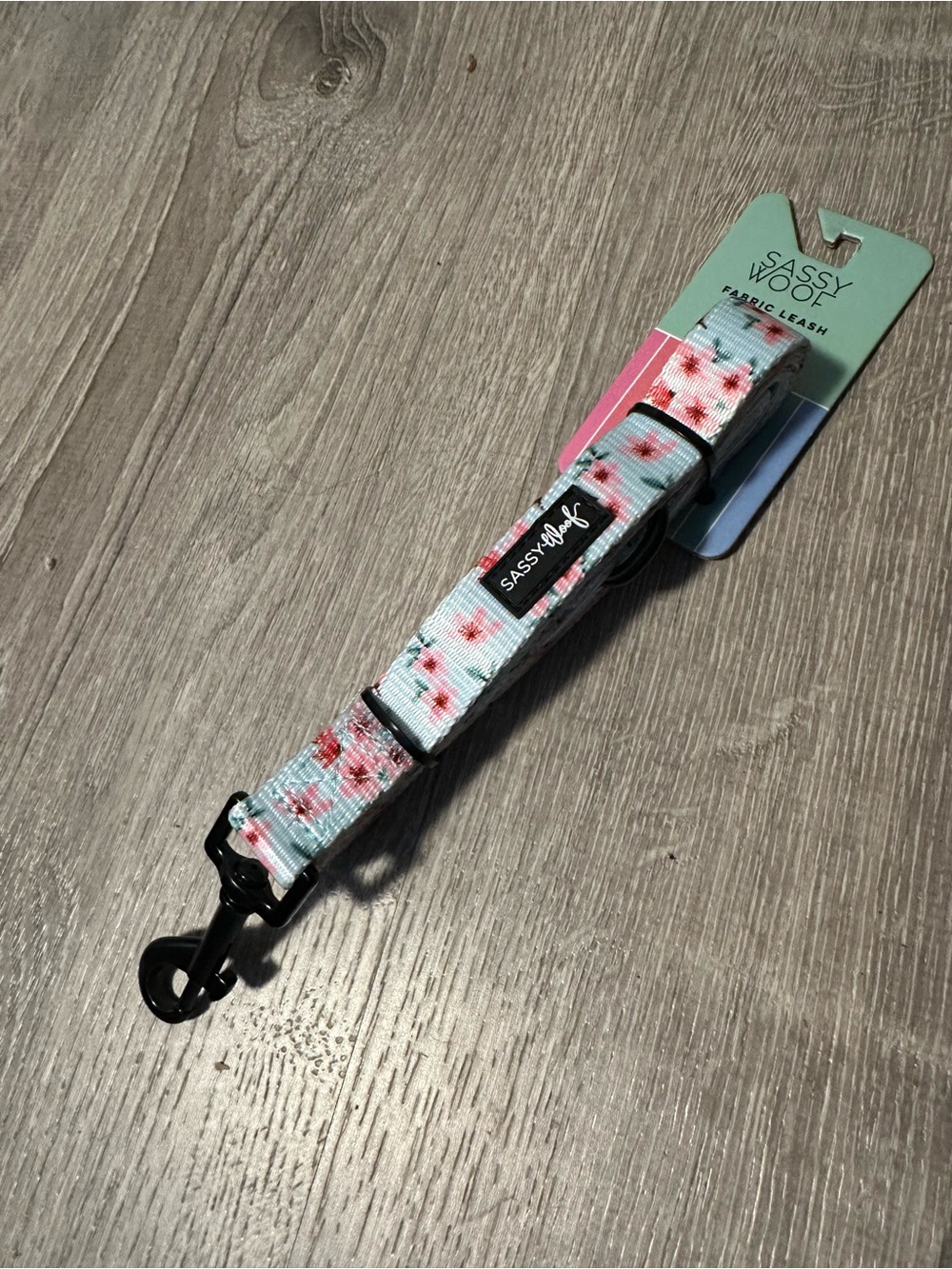 Sassy Woof Floral Blue Fabric Dog Leash - Mint Blue with Pink Blossoms